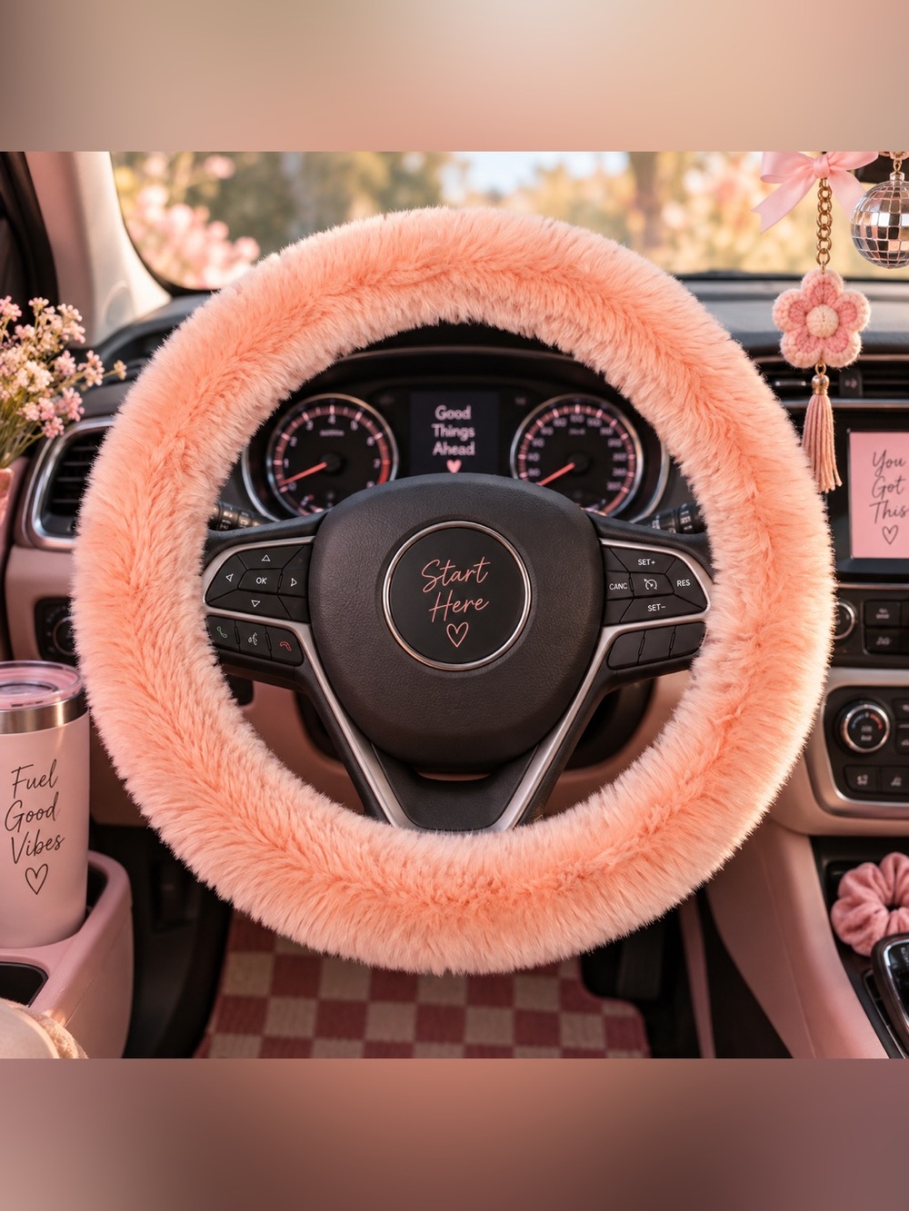 Pink fuzzy steering wheel cover one size